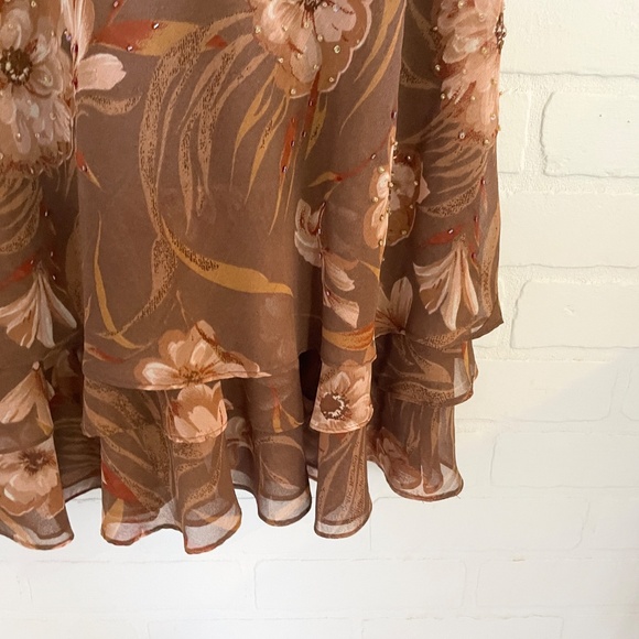 Y2K Midi dress whimsical Wood fairy Floral Chiffon Flowy Ruffled Brown Sz 12 - Picture 8 of 14